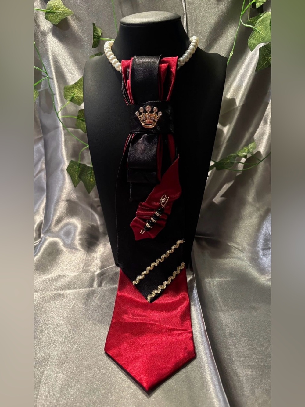 Women Black and Deep Red Satin Decorative Tie with Crown Accent